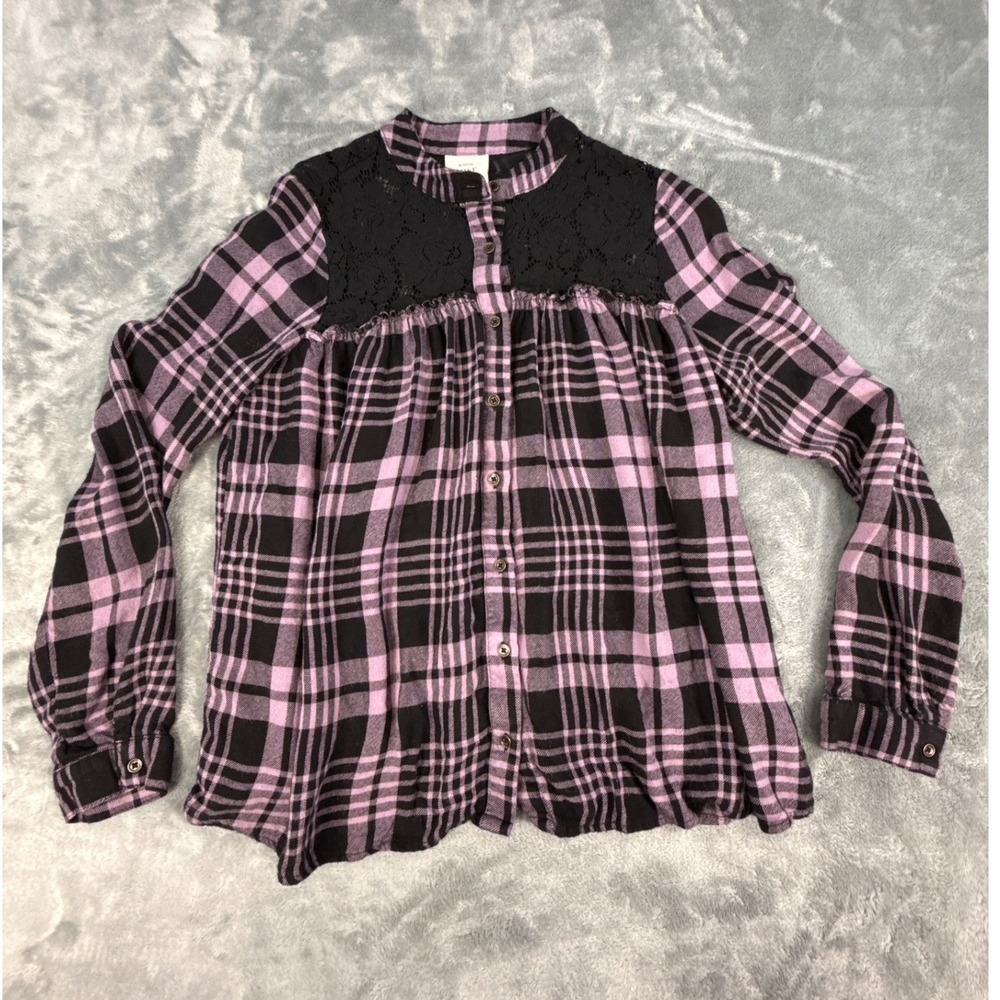 Knox Rose Boho‎ Purple Black Plaid Lace Yoke Peasant Top XS Rayon Flannel
